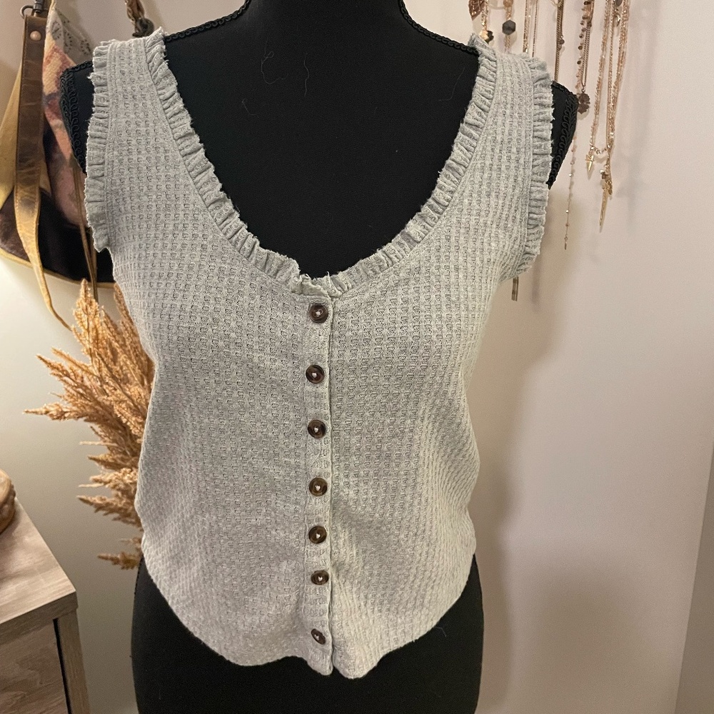 Button Down Ruffle Edge Flowy Tank Top